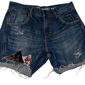 Wrangler Retro Relaxed Boot Denim Shorts 30100% Cotton Blue Distressed Patches